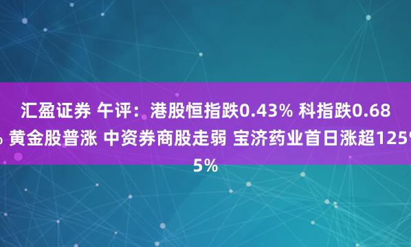 汇盈证券 午评：港股恒指跌0.43% 科指跌0.68% 黄金股普涨 中资券商股走弱 宝济药业首日涨超125%